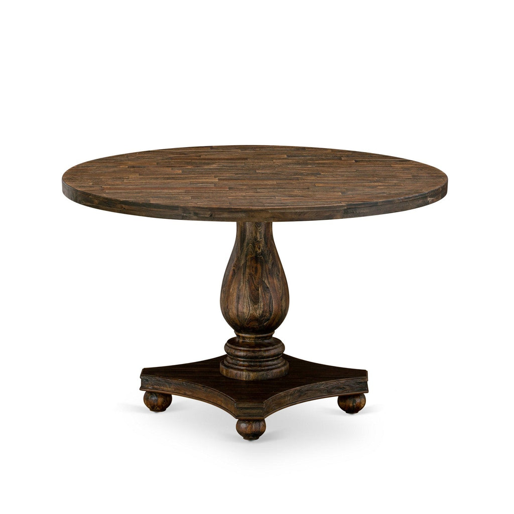 East West Furniture I2VE7-721 7 Piece Dining Set Consist of a Round Dining Room Table with Pedestal and 6 Blue Color Linen Fabric Upholstered Parson Chairs