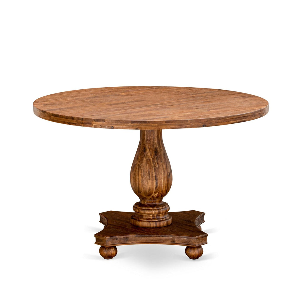 Juego de mesa y sillas de cocina de 7 piezas East West Furniture I2MZ7-N04. Incluye una mesa de comedor redonda con pedestal y 6 sillas Parson de tela de lino color tostado claro.