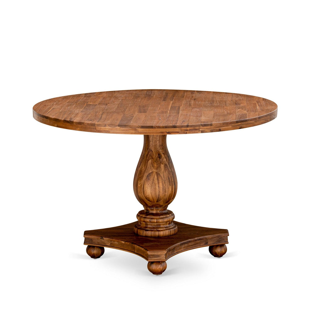 El juego de mesa de comedor de 5 piezas East West Furniture I2MZ5-N04 incluye una mesa de cocina redonda con pedestal y 4 sillas de comedor Parson de tela de lino color tostado claro.