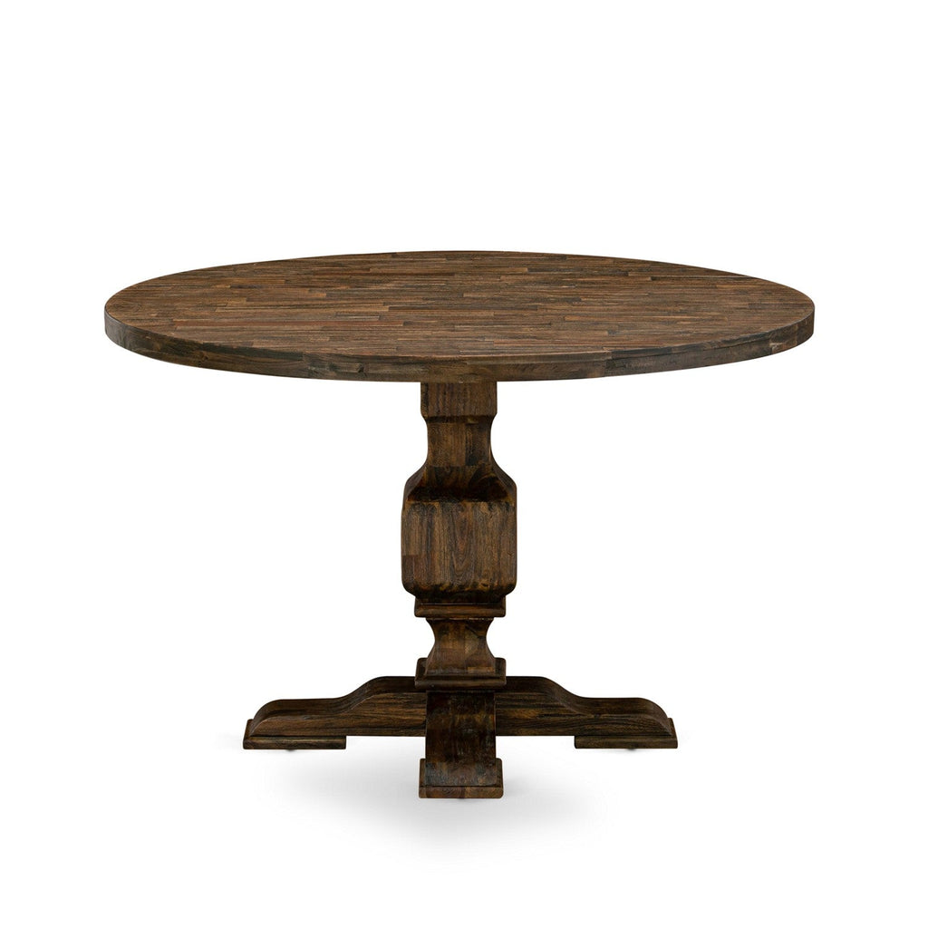 East West Furniture I3VE7-703 7 Piece Kitchen Table Set Consist of a Round Dining Table with Pedestal and 6 Brown Linen Fabric Parson Chairs, 48x48 Inch, Distressed Jacobean