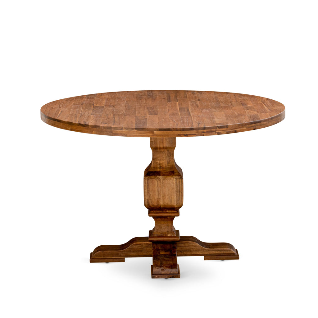El juego de mesa de comedor de 5 piezas East West Furniture I3AB5-N35 incluye una mesa de comedor redonda con pedestal y 4 sillas Parson tapizadas en tela de lino y piel de venado.