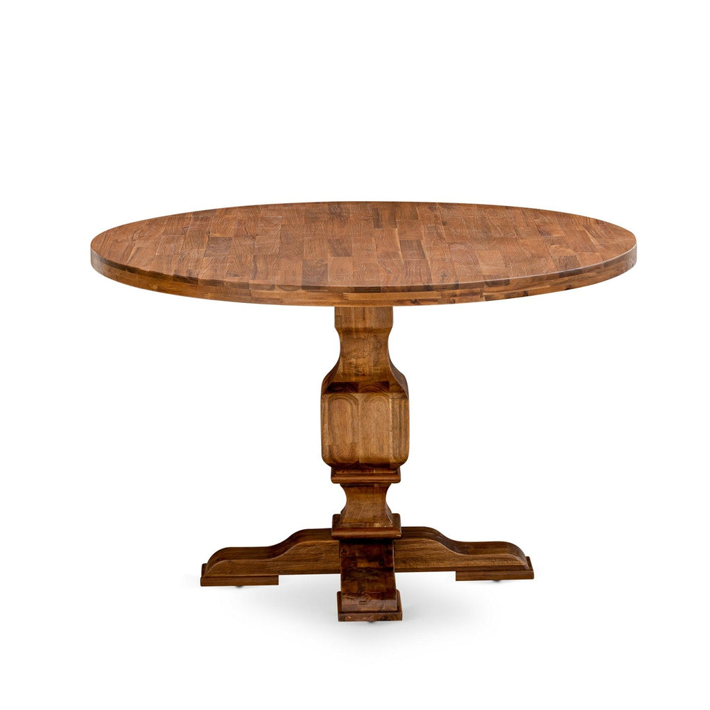 El juego de mesa de comedor moderno de 5 piezas East West Furniture I3MZ5-N04 incluye una mesa redonda de madera con pedestal y 4 sillas Parson tapizadas en tela de lino color tostado claro.