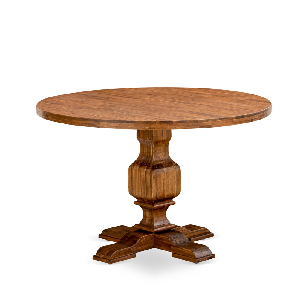 El juego de mesa de comedor de 5 piezas East West Furniture I3AB5-N35 incluye una mesa de comedor redonda con pedestal y 4 sillas Parson tapizadas en tela de lino y piel de venado.