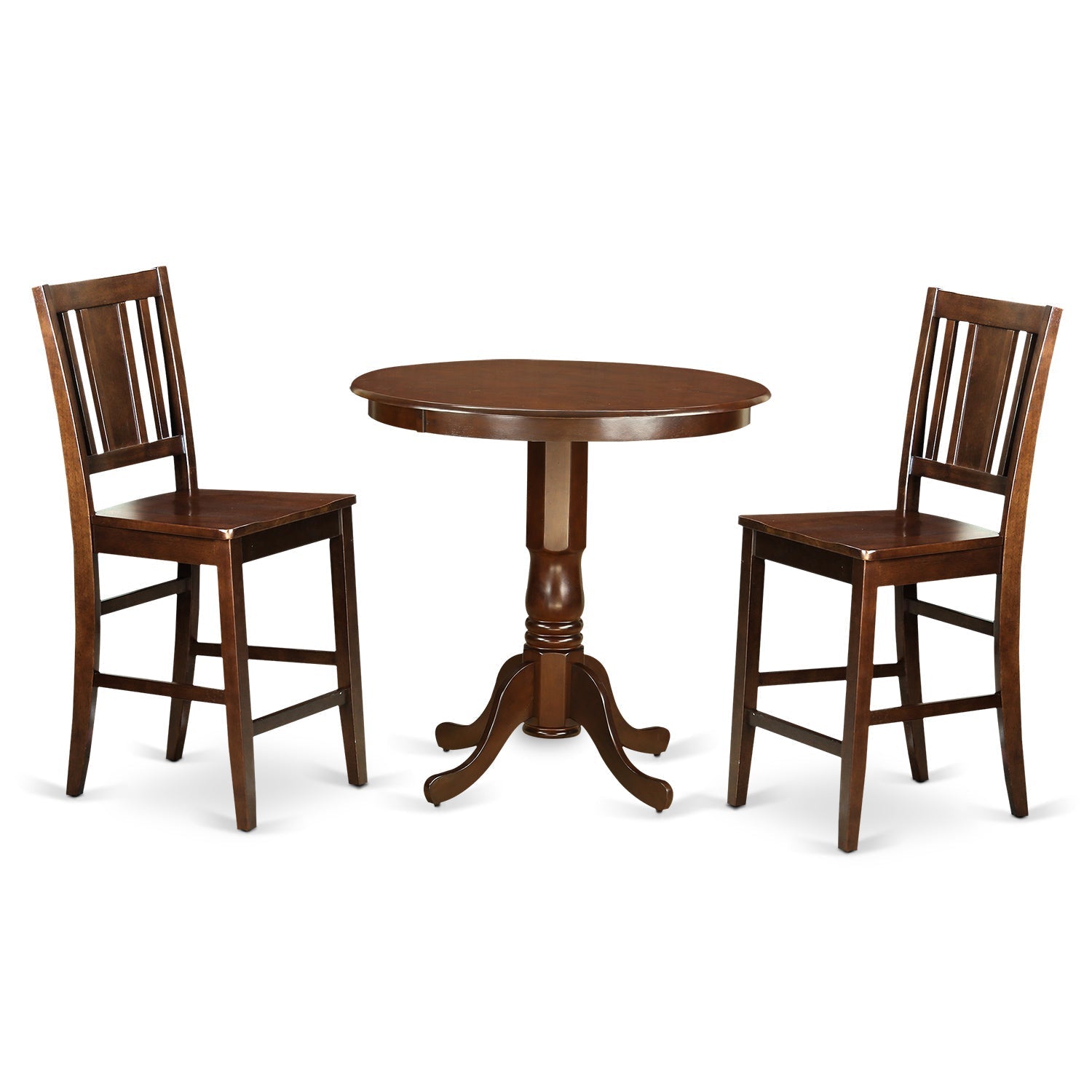 Juego de mesa de comedor de 3 piezas East West Furniture JABU3-MAH-W con altura de mostrador. Incluye una mesa de cocina redonda con pedestal y 2 sillas de comedor.