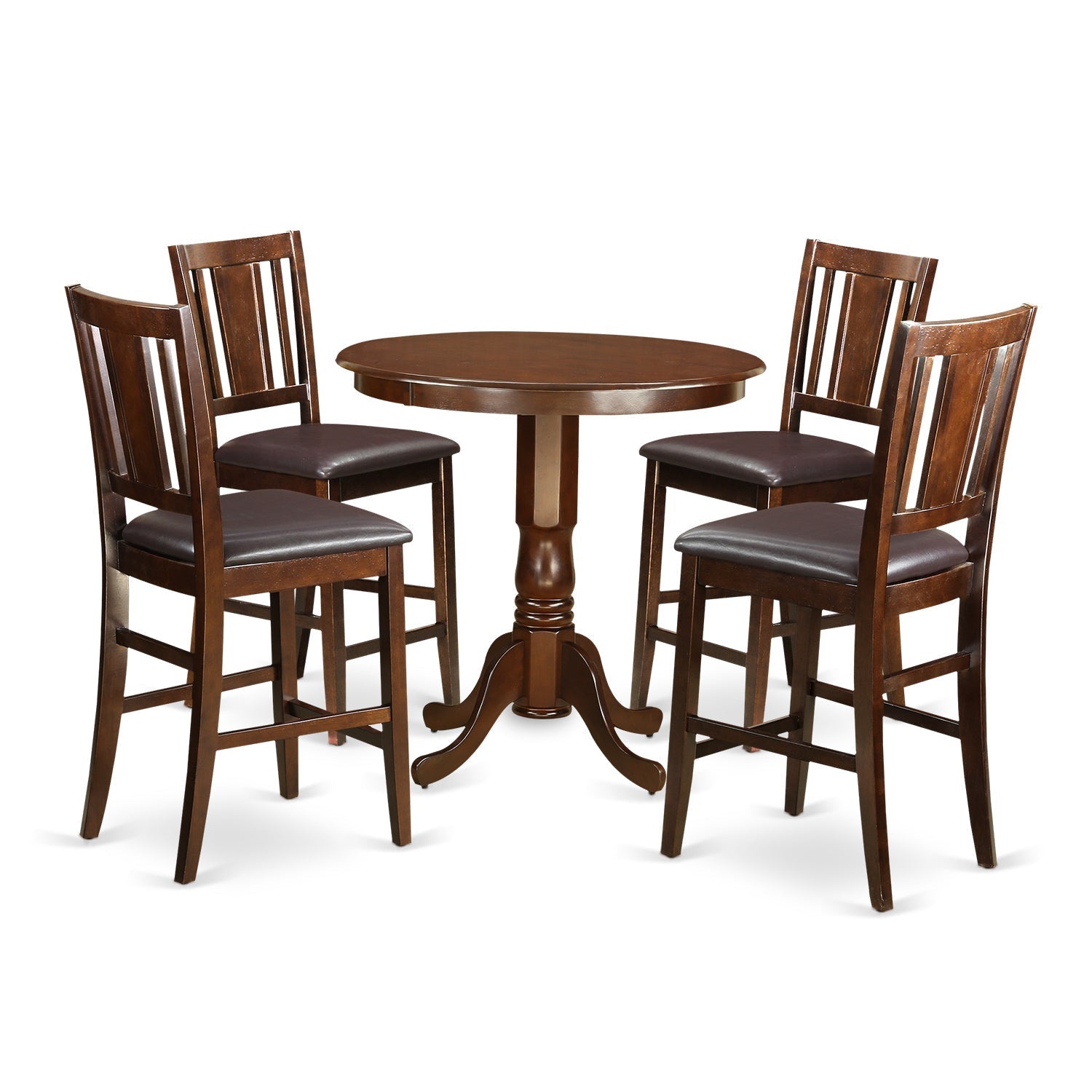 Juego de mesa de comedor de 5 piezas East West Furniture JABU5-MAH-LC con altura de mostrador. Incluye una mesa redonda de madera con pedestal y 4 sillas tapizadas en piel sintética.