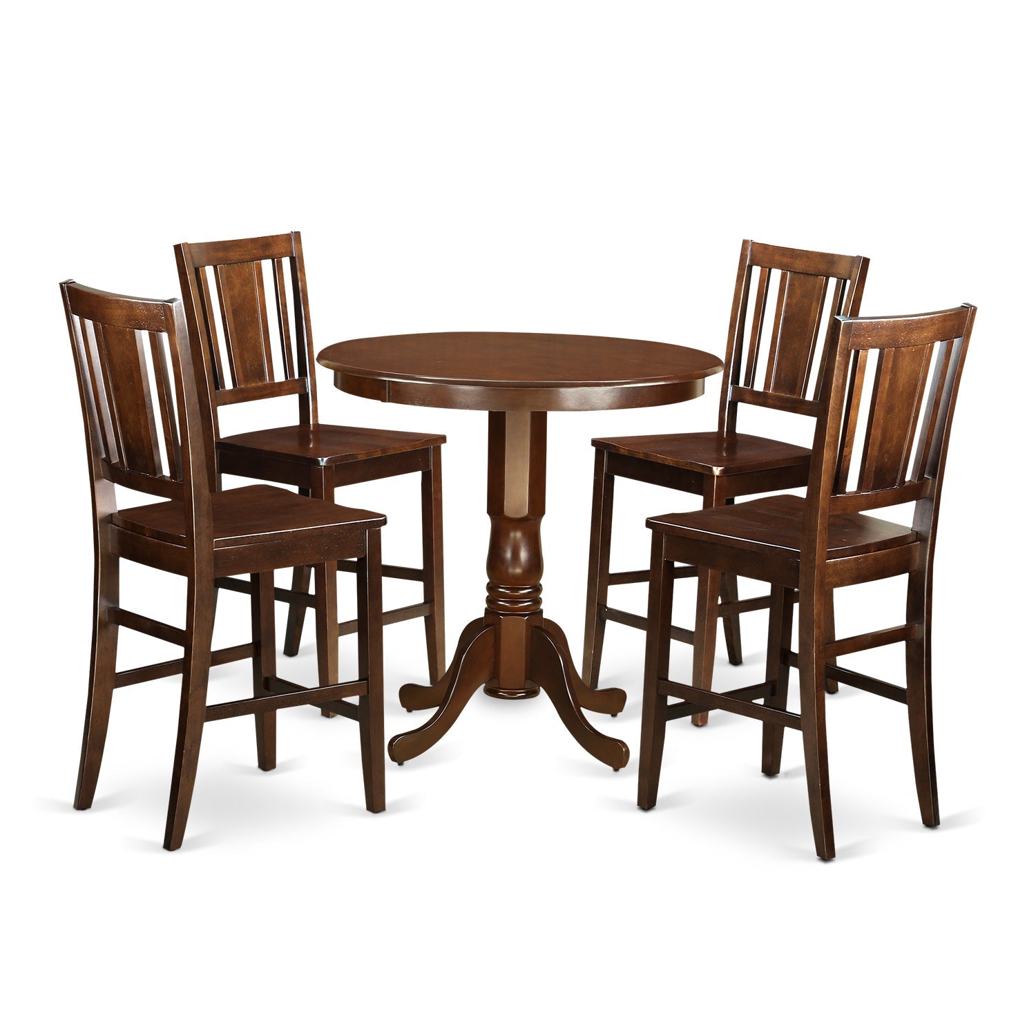 Juego de mesa de comedor East West Furniture JABU5-MAH-W de 5 piezas con altura de mostrador. Incluye una mesa de cocina redonda con pedestal y 4 sillas de comedor.