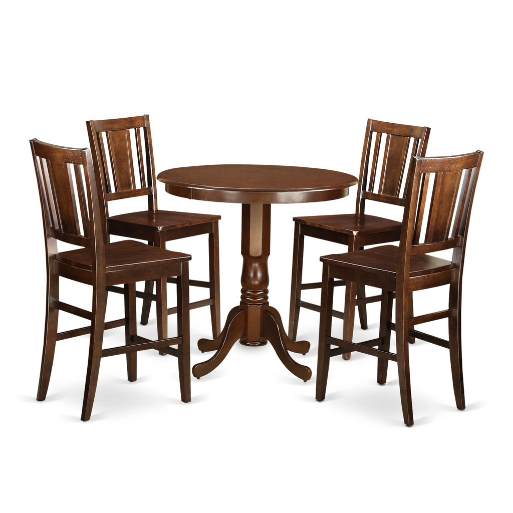 East West Furniture JABU5-MAH-W 5 Piece Counter Height Dining Table Set Includes a Round Kitchen Table with Pedestal and 4 Dining Chairs, 36x36 Inch, Mahogany