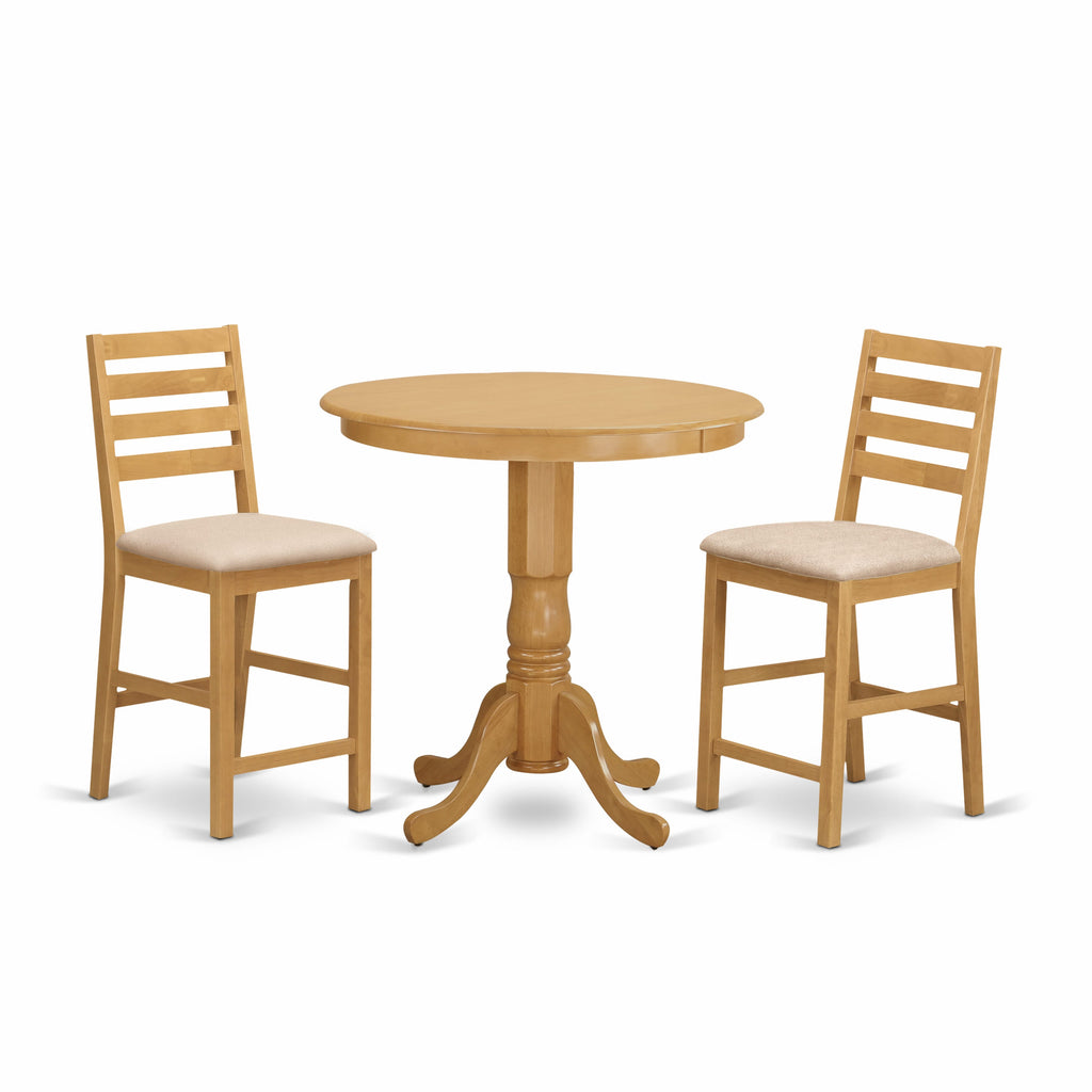 East West Furniture JACF3-OAK-C 3 Piece Kitchen Counter Height Dining Table Set  Contains a Round Pub Table with Pedestal and 2 Linen Fabric Upholstered Chairs, 36x36 Inch, Oak