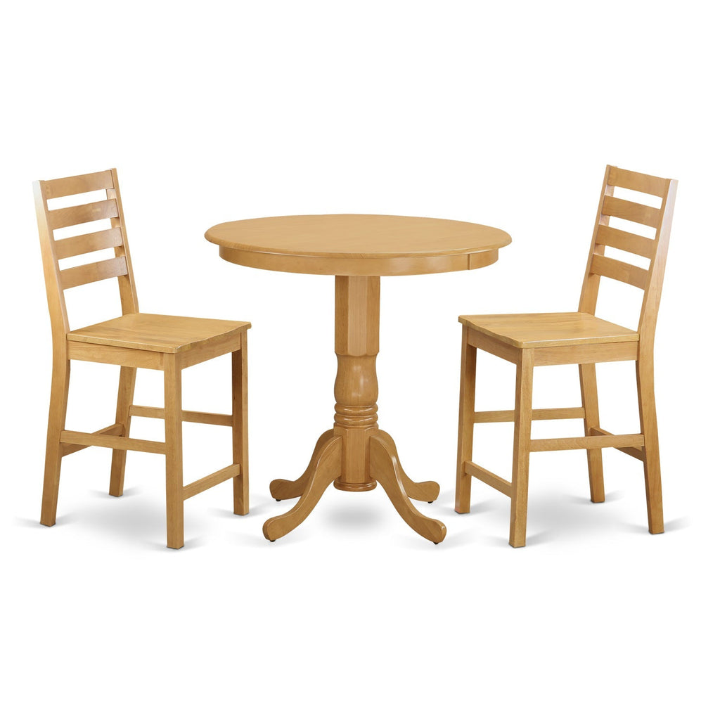 Juego de comedor de 3 piezas East West Furniture JACF3-OAK-W con altura de mostrador para espacios pequeños. Contiene una mesa redonda de madera con pedestal y 2 sillas de cocina.