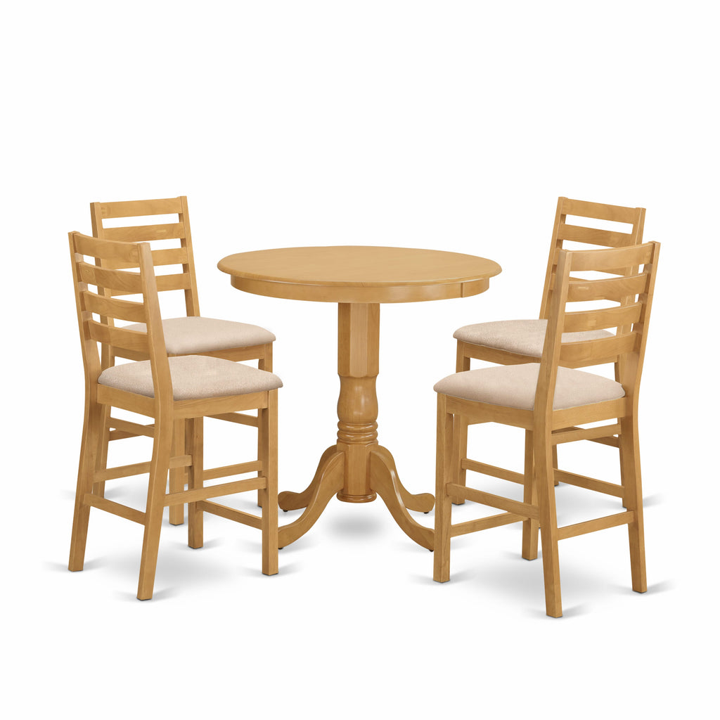 Juego de pub de 5 piezas East West Furniture JACF5-OAK-C con altura de mostrador. Incluye una mesa de comedor redonda con pedestal y 4 sillas de cocina tapizadas en tela de lino.