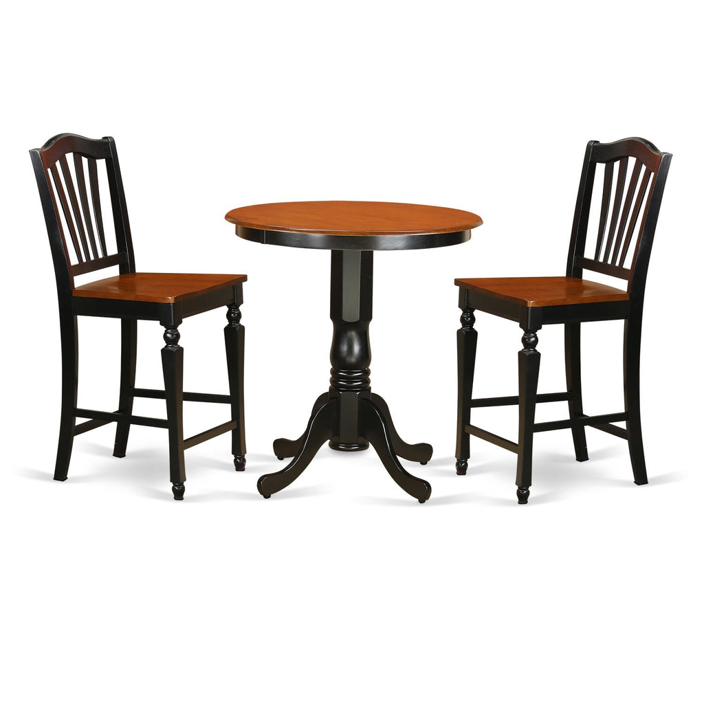 East West Furniture JACH3-BLK-W 3 Piece Kitchen Counter Height Dining Table Set  Contains a Round Pub Table with Pedestal and 2 Dining Room Chairs, 36x36 Inch, Black & Cherry