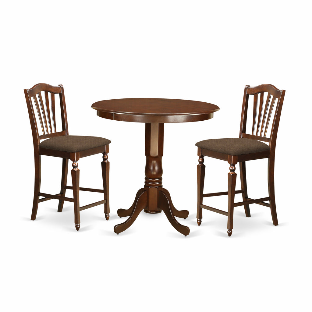 East West Furniture JACH3-MAH-C 3 Piece Counter Height Dining Set Contains a Round Dining Room Table with Pedestal and 2 Linen Fabric Upholstered Chairs, 36x36 Inch, Mahogany