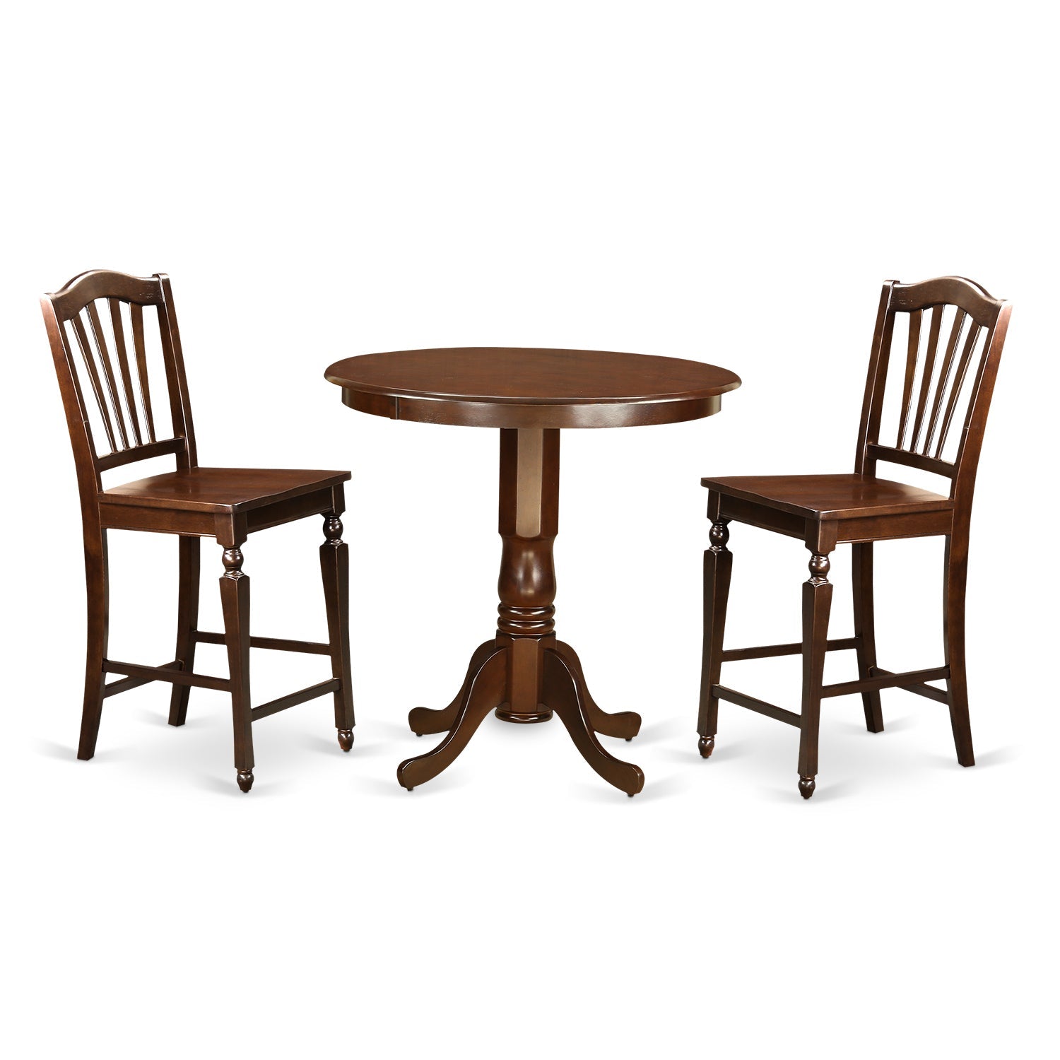 Juego de mesa de comedor de 3 piezas East West Furniture JACH3-MAH-W con altura de mostrador. Incluye una mesa redonda de madera con pedestal y 2 sillas de comedor de cocina.