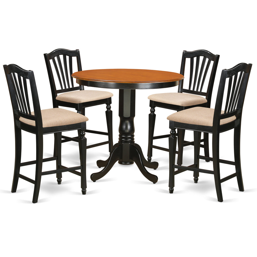 East West Furniture JACH5-BLK-C 5 Piece Kitchen Counter Set Includes a Round Dining Room Table with Pedestal and 4 Linen Fabric Upholstered Dining Chairs, 36x36 Inch, Black & Cherry