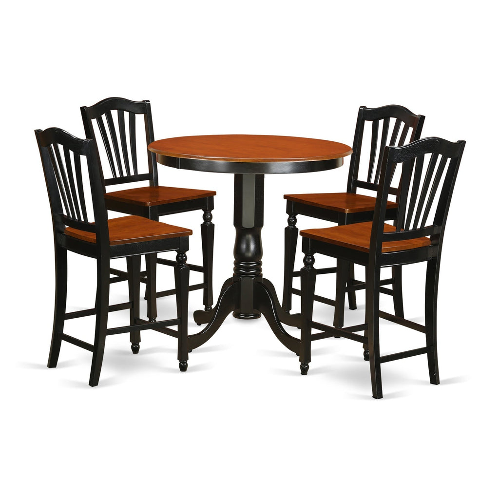 Juego de mesa de comedor de 5 piezas East West Furniture JACH5-BLK-W con altura de mostrador. Incluye una mesa de cocina redonda con pedestal y 4 sillas de comedor.