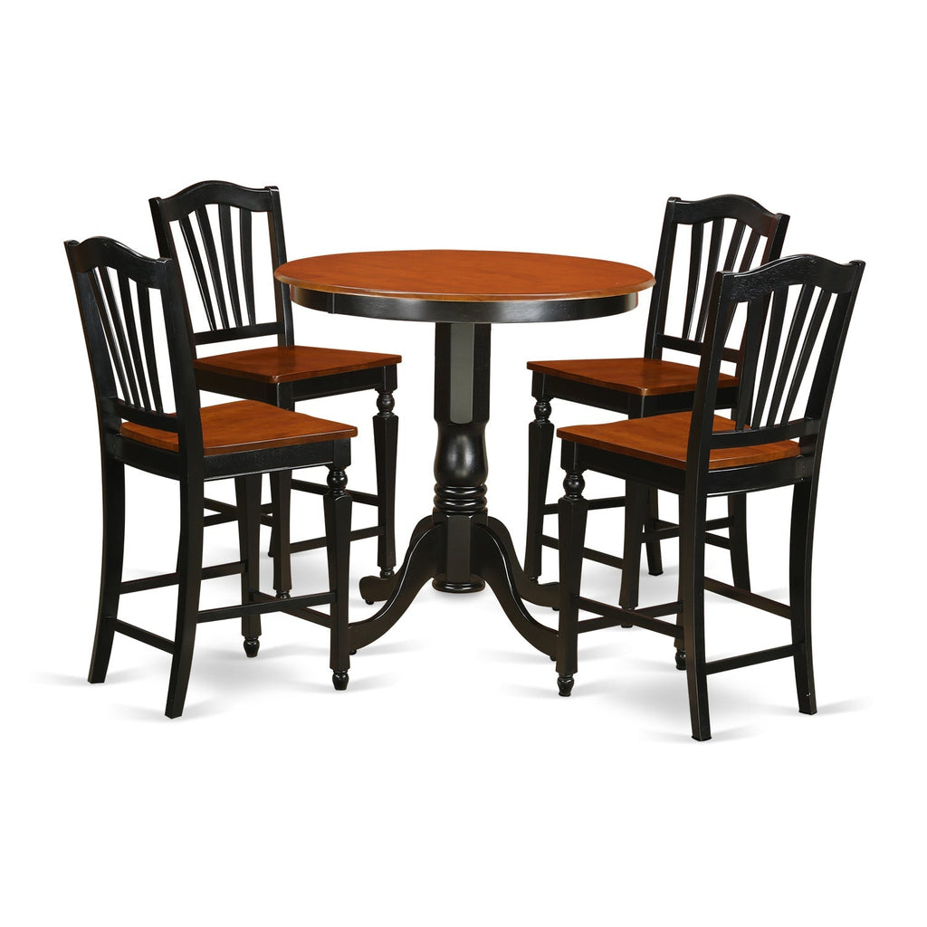 East West Furniture JACH5-BLK-W 5 Piece Counter Height Dining Table Set Includes a Round Kitchen Table with Pedestal and 4 Dining Room Chairs, 36x36 Inch, Black & Cherry