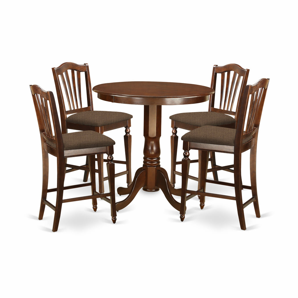 East West Furniture JACH5-MAH-C 5 Piece Counter Height Dining Table Set Includes a Round Kitchen Table with Pedestal and 4 Linen Fabric Upholstered Dining Chairs, 36x36 Inch, Mahogany