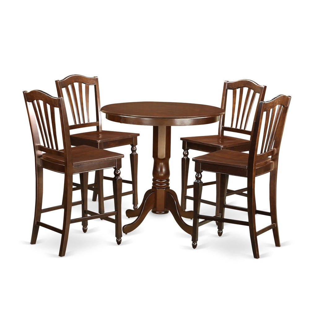Juego de mesa de comedor de 5 piezas East West Furniture JACH5-MAH-W con altura de mostrador para cocina. Incluye una mesa redonda de madera con pedestal y 4 sillas de comedor.