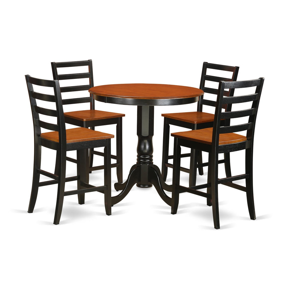 Juego de pub de 5 piezas East West Furniture JAFA5-BLK-W con altura de mostrador. Incluye una mesa de comedor redonda con pedestal y 4 sillas de comedor de cocina.