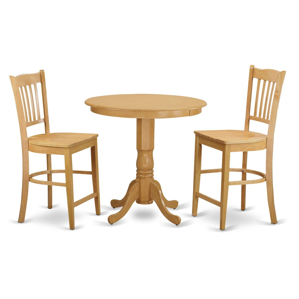 East West Furniture JAGR3-OAK-W 3 Piece Kitchen Counter Height Dining Table Set  Contains a Round Wooden Table with Pedestal and 2 Dining Chairs, 36x36 Inch, Oak