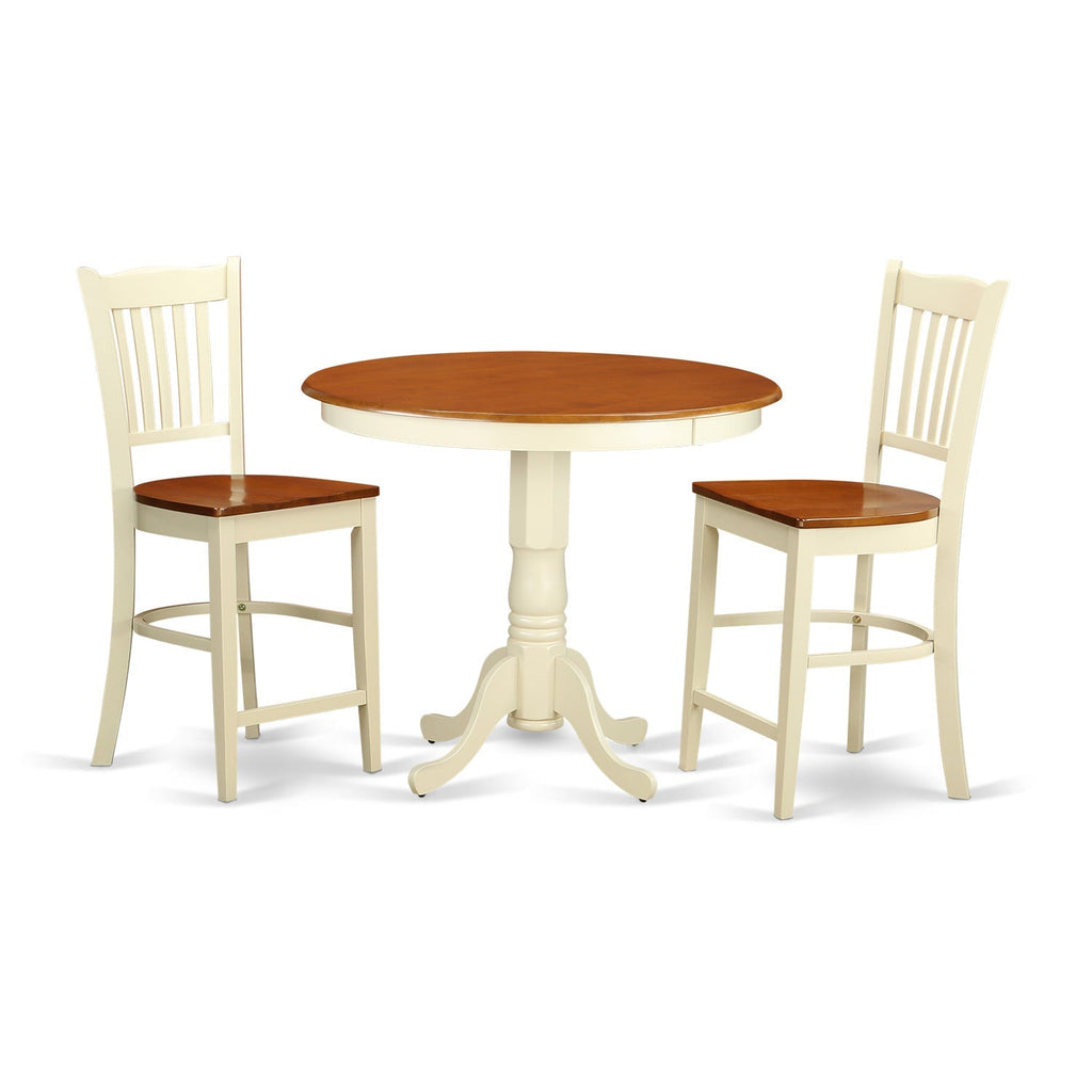 East West Furniture JAGR3-WHI-W 3 Piece Kitchen Counter Height Dining Table Set  Contains a Round Pub Table with Pedestal and 2 Dining Room Chairs