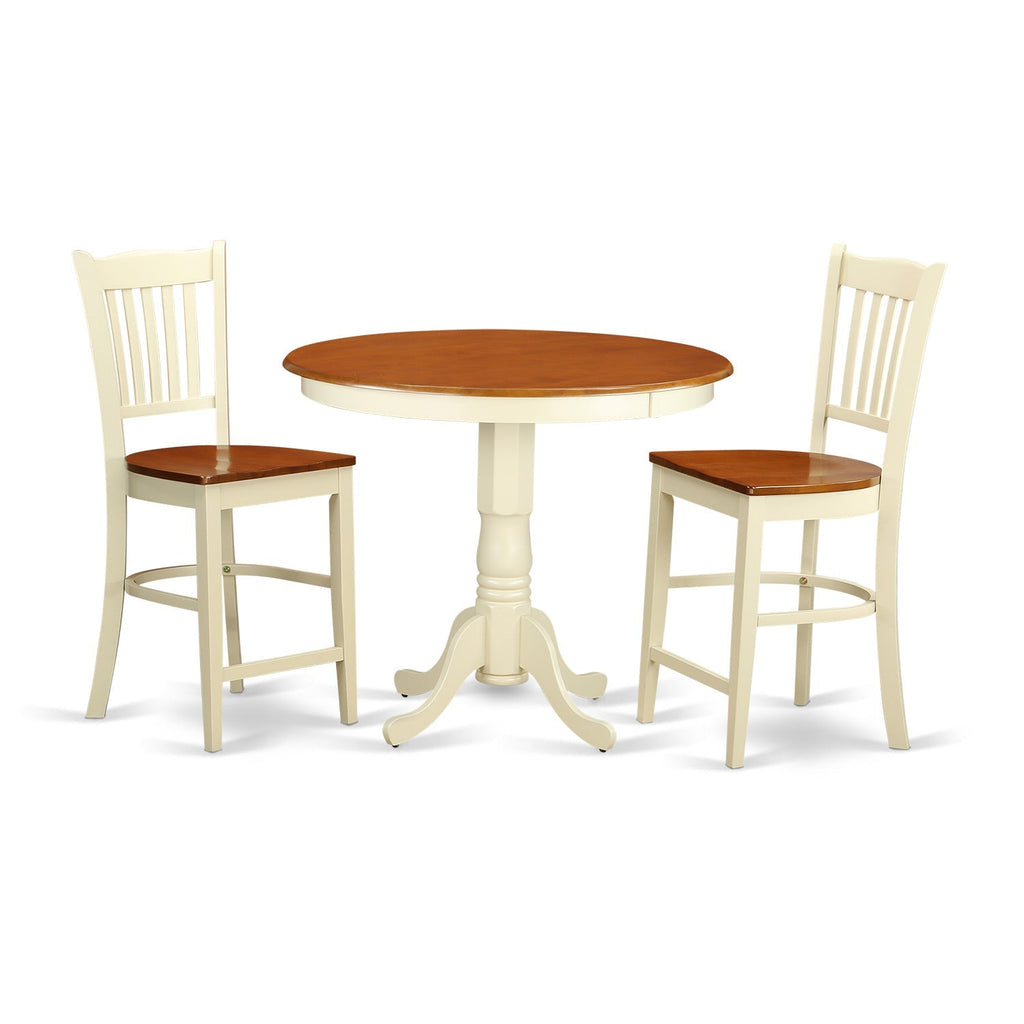 East West Furniture JAGR3-WHI-W 3 Piece Kitchen Counter Height Dining Table Set  Contains a Round Pub Table with Pedestal and 2 Dining Room Chairs, 36x36 Inch, Buttermilk & Cherry