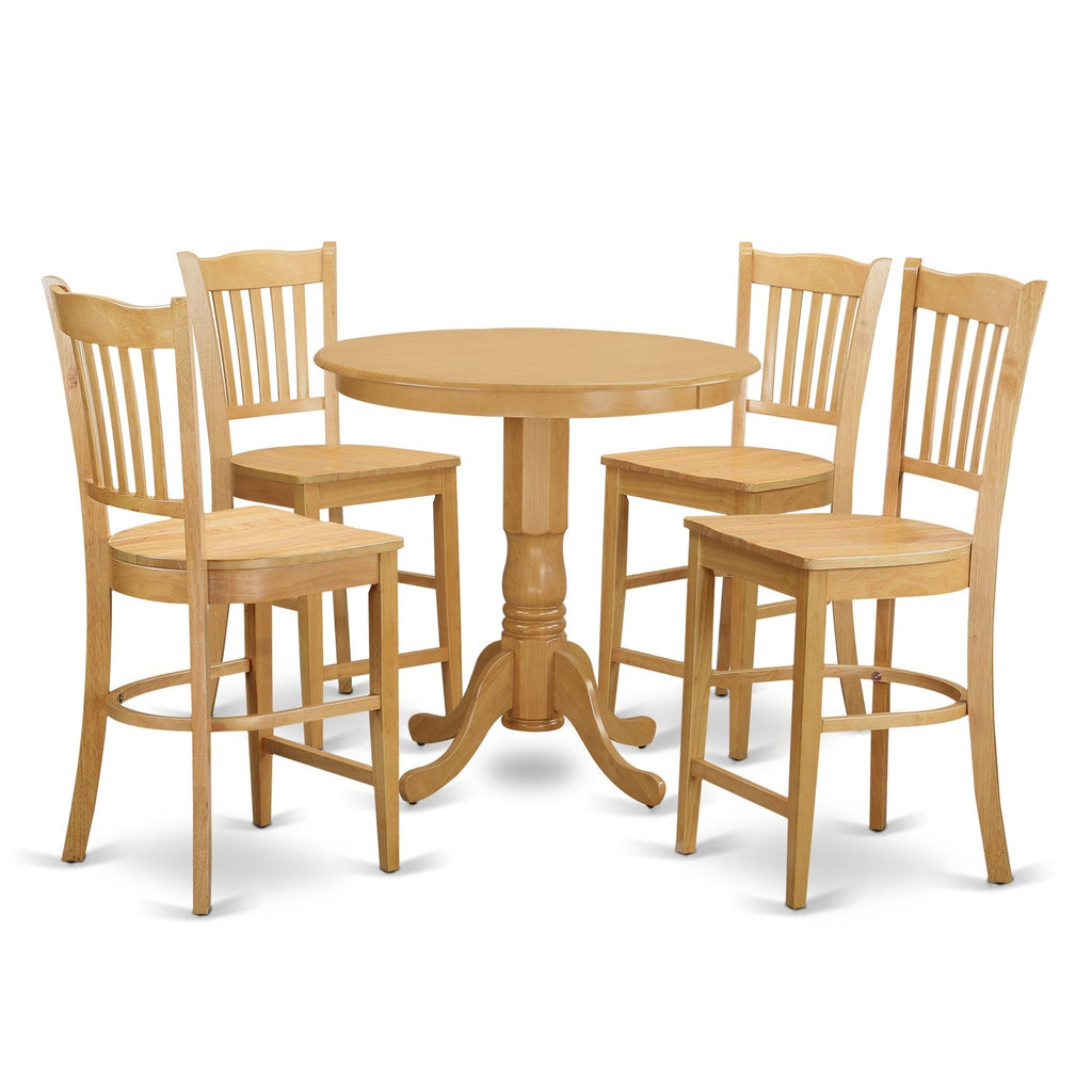 East West Furniture JAGR5-OAK-W 5 Piece Counter Height Dining Table Set Includes a Round Kitchen Table with Pedestal and 4 Dining Chairs