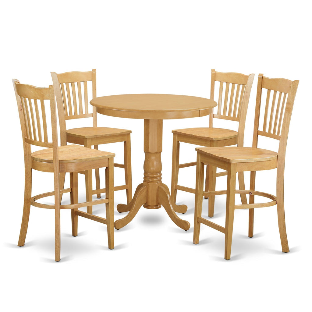 East West Furniture JAGR5-OAK-W 5 Piece Counter Height Dining Table Set Includes a Round Kitchen Table with Pedestal and 4 Dining Chairs, 36x36 Inch, Oak