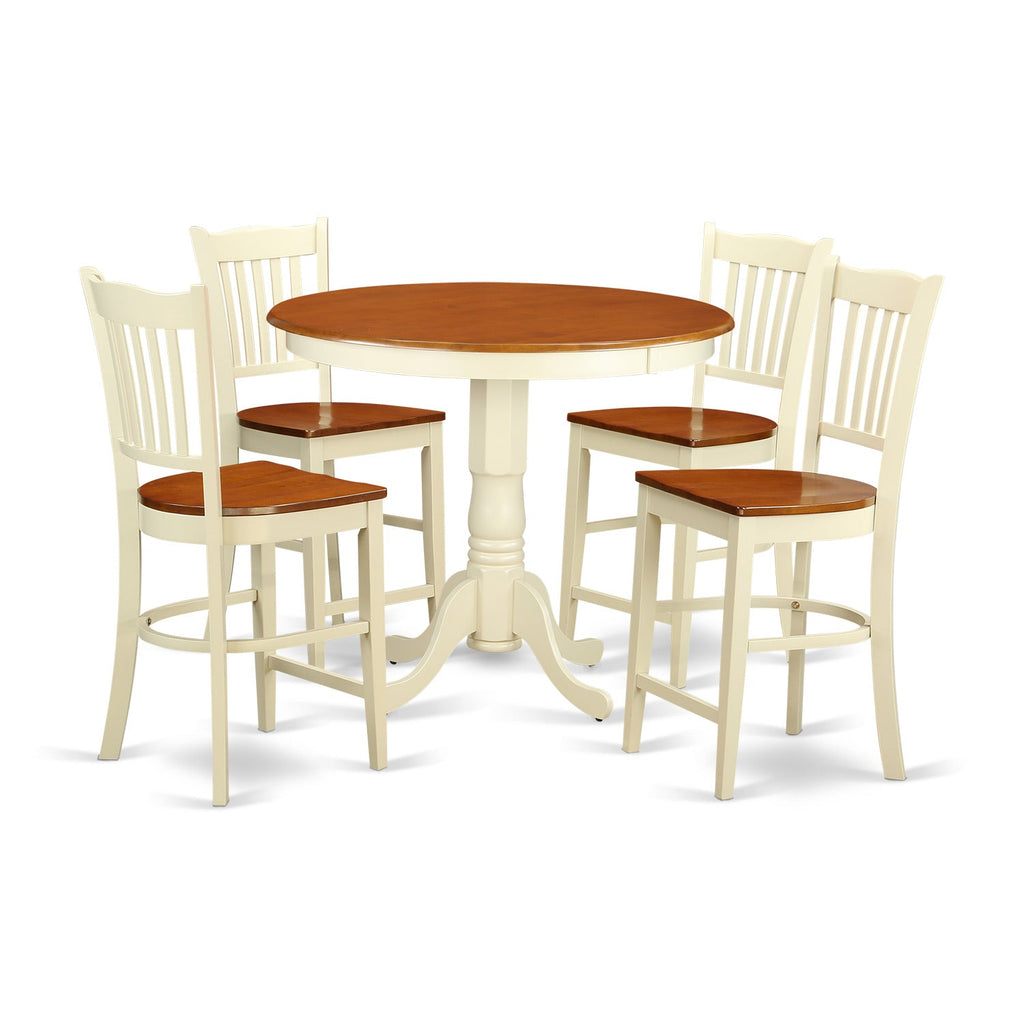 El juego de encimera de cocina de 5 piezas East West Furniture JAGR5-WHI-W incluye una mesa de comedor redonda con pedestal y 4 sillas de comedor.