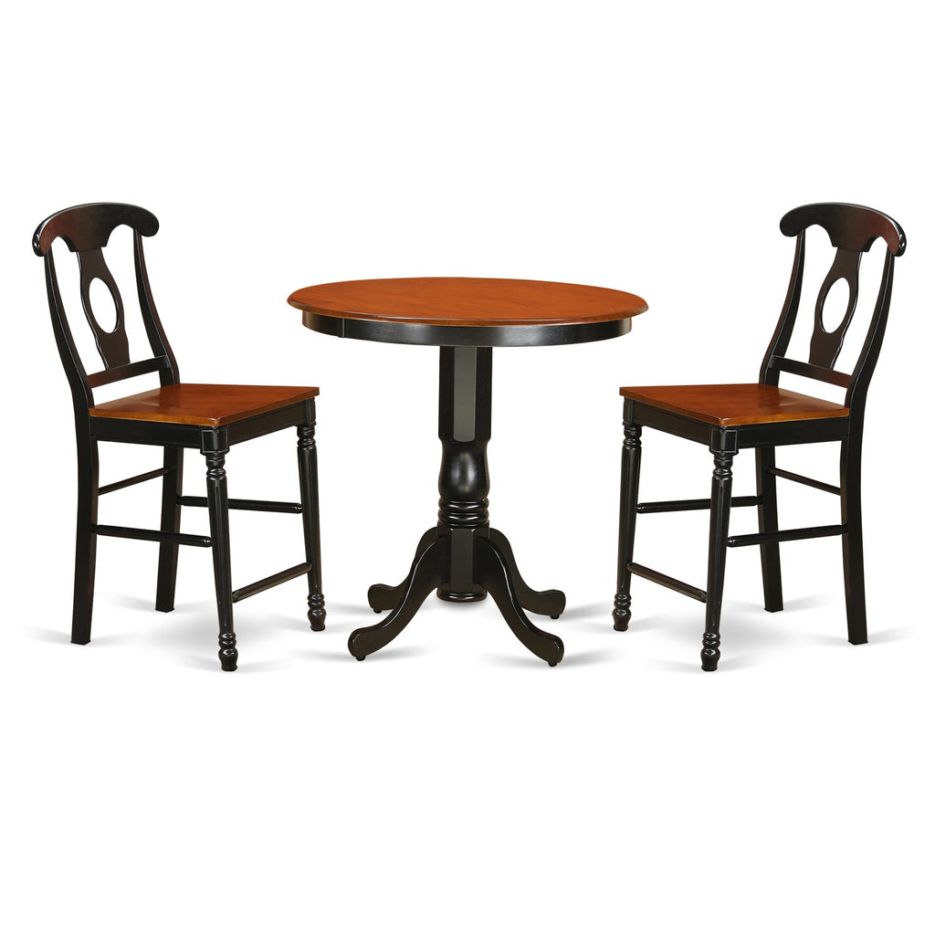 Juego de mesa de comedor de 3 piezas East West Furniture JAKE3-BLK-W con altura de mostrador. Incluye una mesa de cocina redonda con pedestal y 2 sillas de comedor.