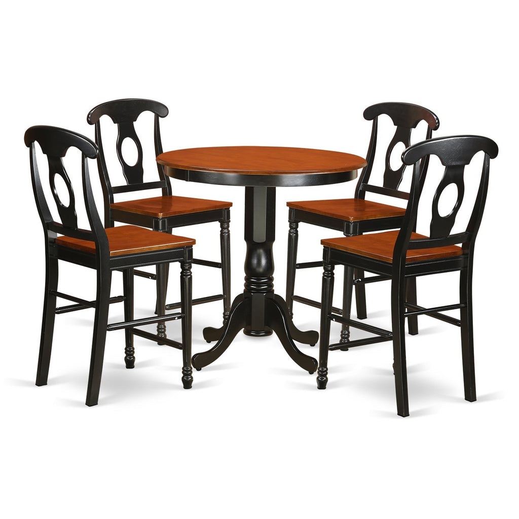 Juego de pub de 5 piezas con altura de mostrador JAKE5-BLK-W de East West Furniture. Incluye una mesa de comedor redonda con pedestal y 4 sillas de comedor.