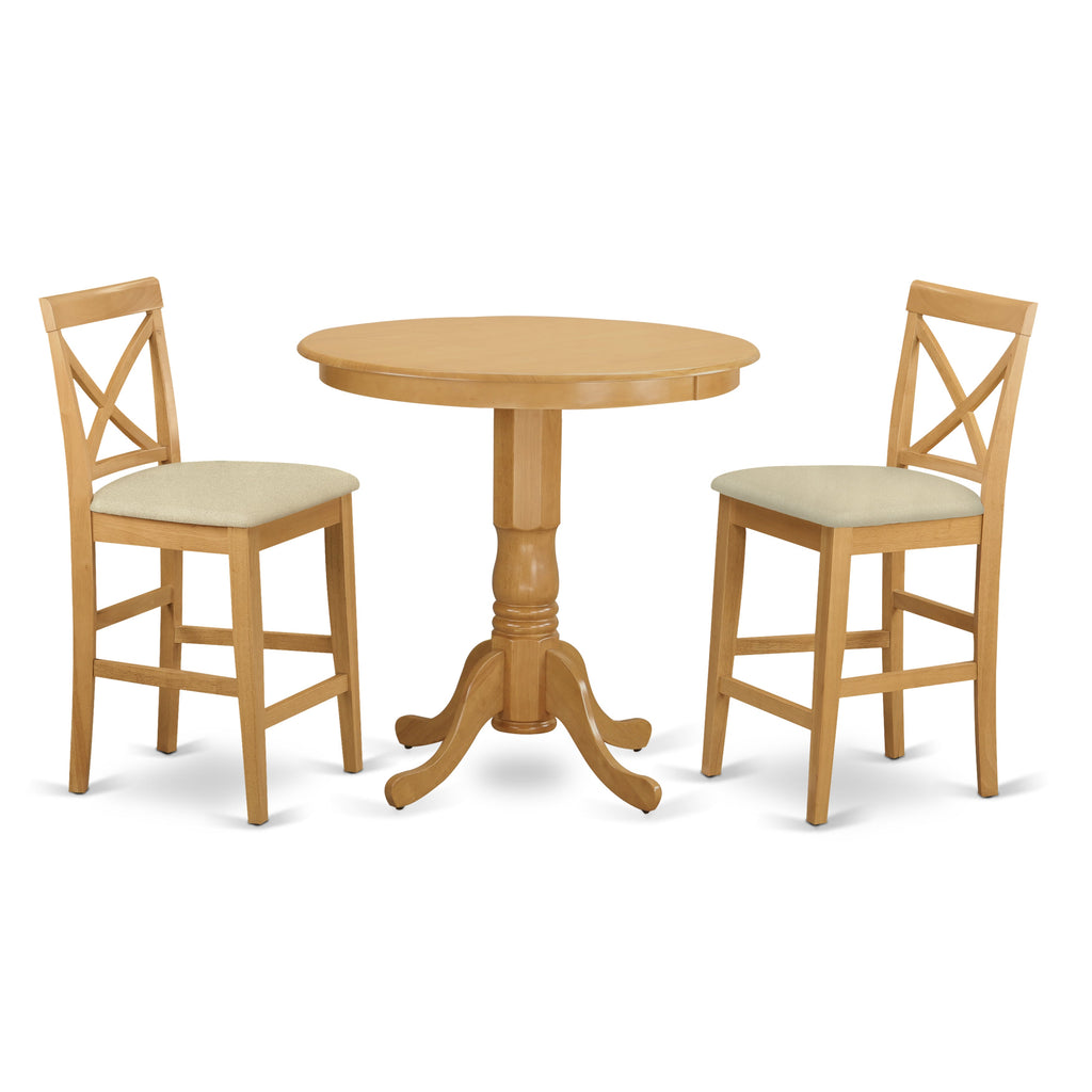 Juego de pub de 3 piezas East West Furniture JAPB3-OAK-C con altura de mostrador. Incluye una mesa de comedor redonda con pedestal y 2 sillas tapizadas en tela de lino.