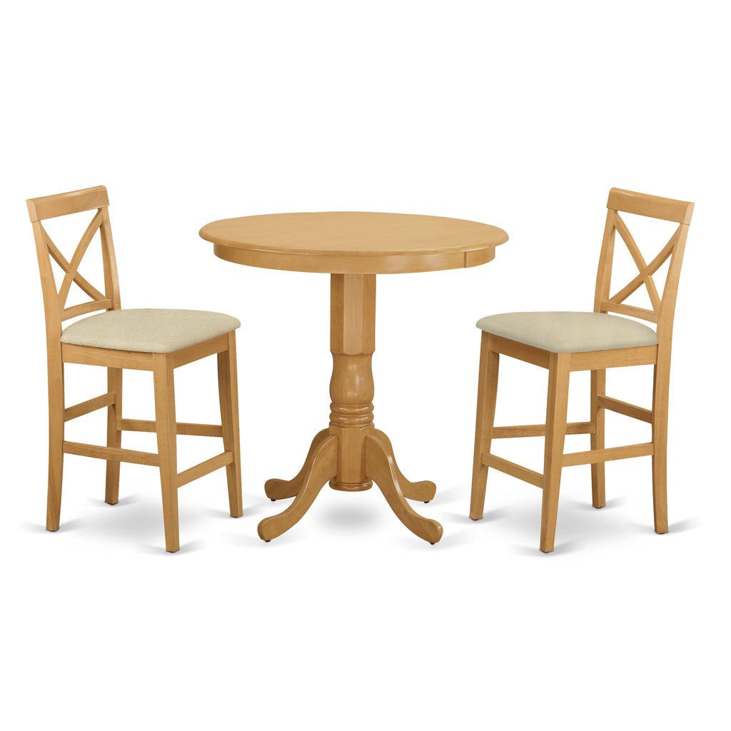 East West Furniture JAPB3-OAK-C 3 Piece Counter Height Pub Set Contains a Round Dining Room Table with Pedestal and 2 Linen Fabric Upholstered Chairs, 36x36 Inch, Oak