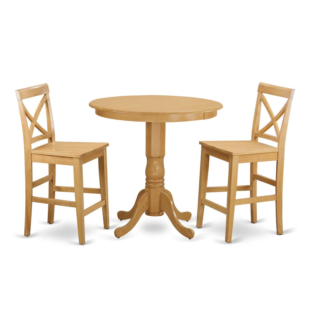 East West Furniture JAPB3-OAK-W 3 Piece Counter Height Pub Set for Small Spaces Contains a Round Kitchen Table with Pedestal and 2 Dining Room Chairs, 36x36 Inch, Oak