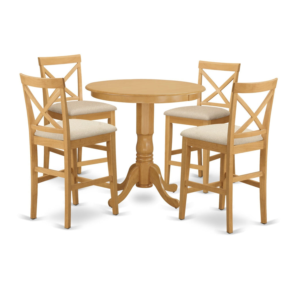 Juego de pub de 5 piezas East West Furniture JAPB5-OAK-C con altura de mostrador. Incluye una mesa de comedor redonda con pedestal y 4 sillas de comedor de cocina de tela de lino.