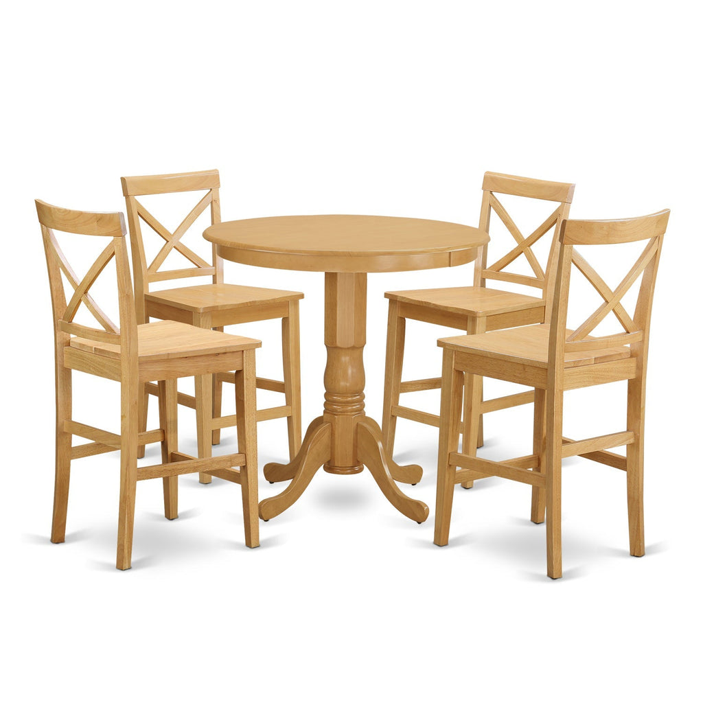 East West Furniture JAPB5-OAK-W 5 Piece Counter Height Dining Table Set Includes a Round Kitchen Table with Pedestal and 4 Dining Chairs, 36x36 Inch, Oak