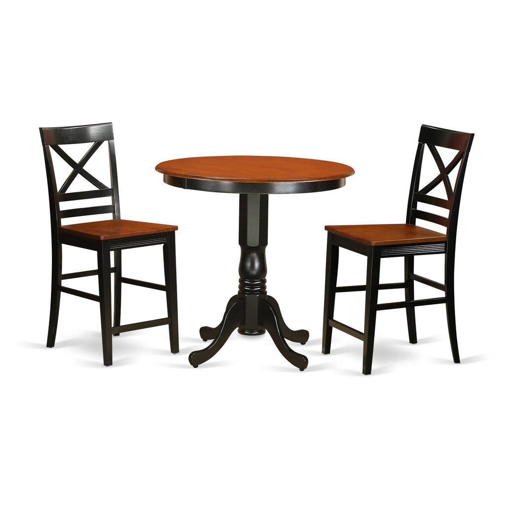 East West Furniture JAQU3-BLK-W 3 Piece Kitchen Counter Height Dining Table Set  Contains a Round Wooden Table with Pedestal and 2 Dining Chairs, 36x36 Inch, Black & Cherry