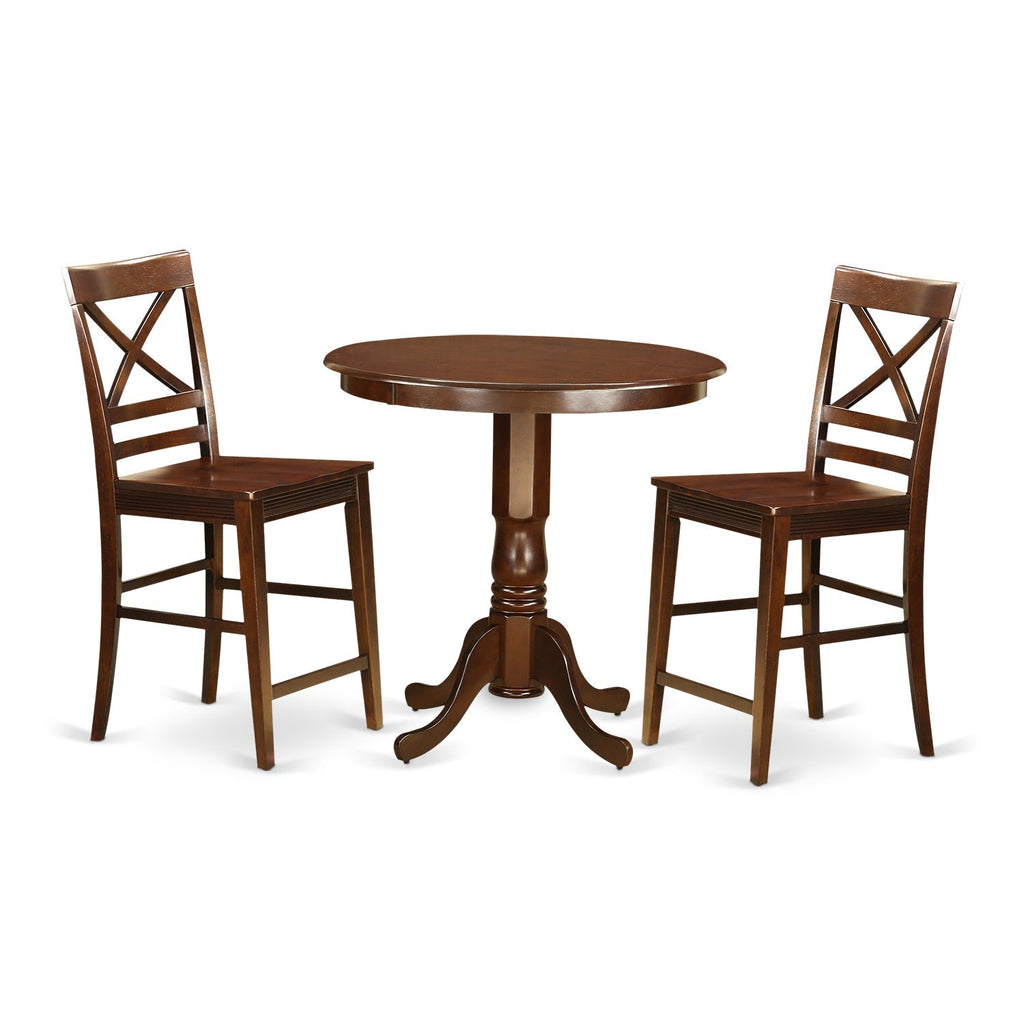 Juego de pub de 3 piezas East West Furniture JAQU3-MAH-W con altura de mostrador para espacios pequeños. Contiene una mesa de comedor redonda con pedestal y 2 sillas de cocina.