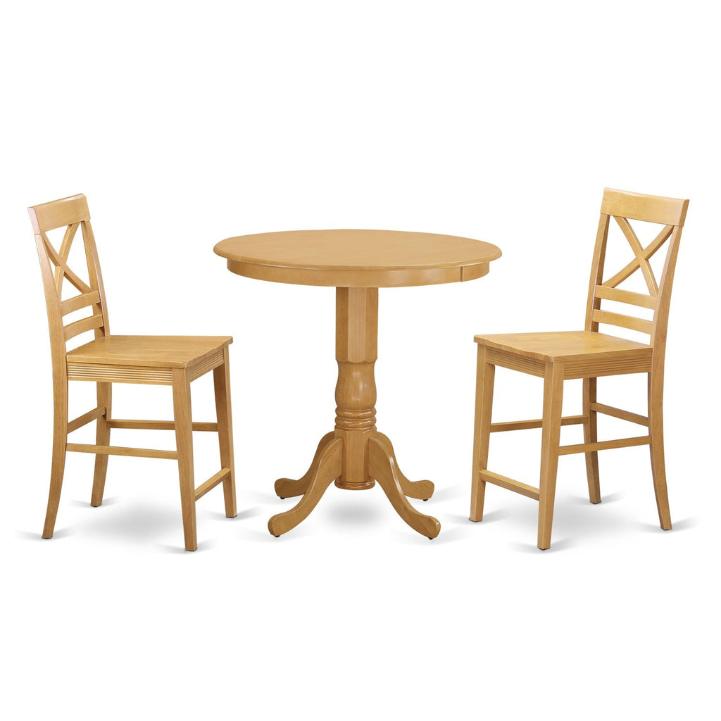East West Furniture JAQU3-OAK-W 3 Piece Counter Height Dining Set for Small Spaces Contains a Round Wooden Table with Pedestal and 2 Kitchen Chairs
