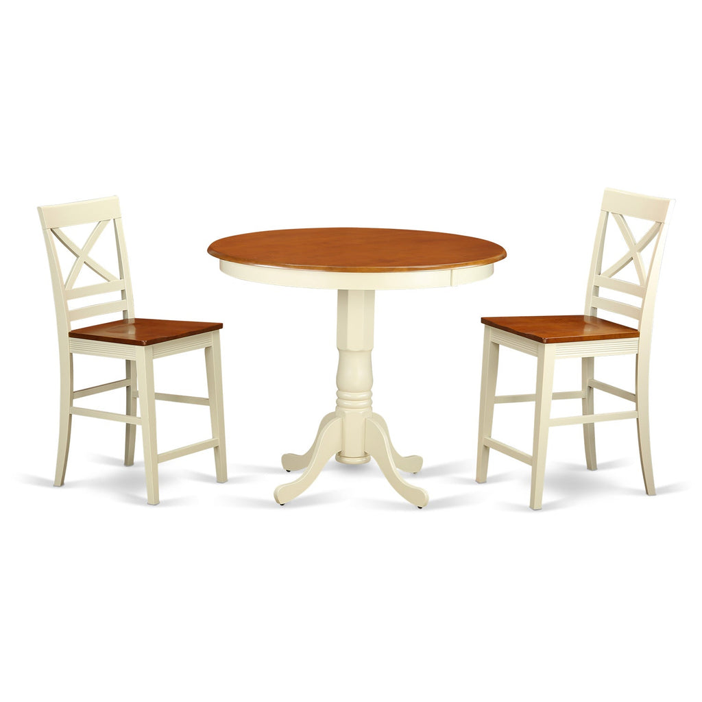 East West Furniture JAQU3-WHI-W 3 Piece Counter Height Dining Table Set Contains a Round Wooden Table with Pedestal and 2 Kitchen Dining Chairs, 36x36 Inch, Buttermilk & Cherry