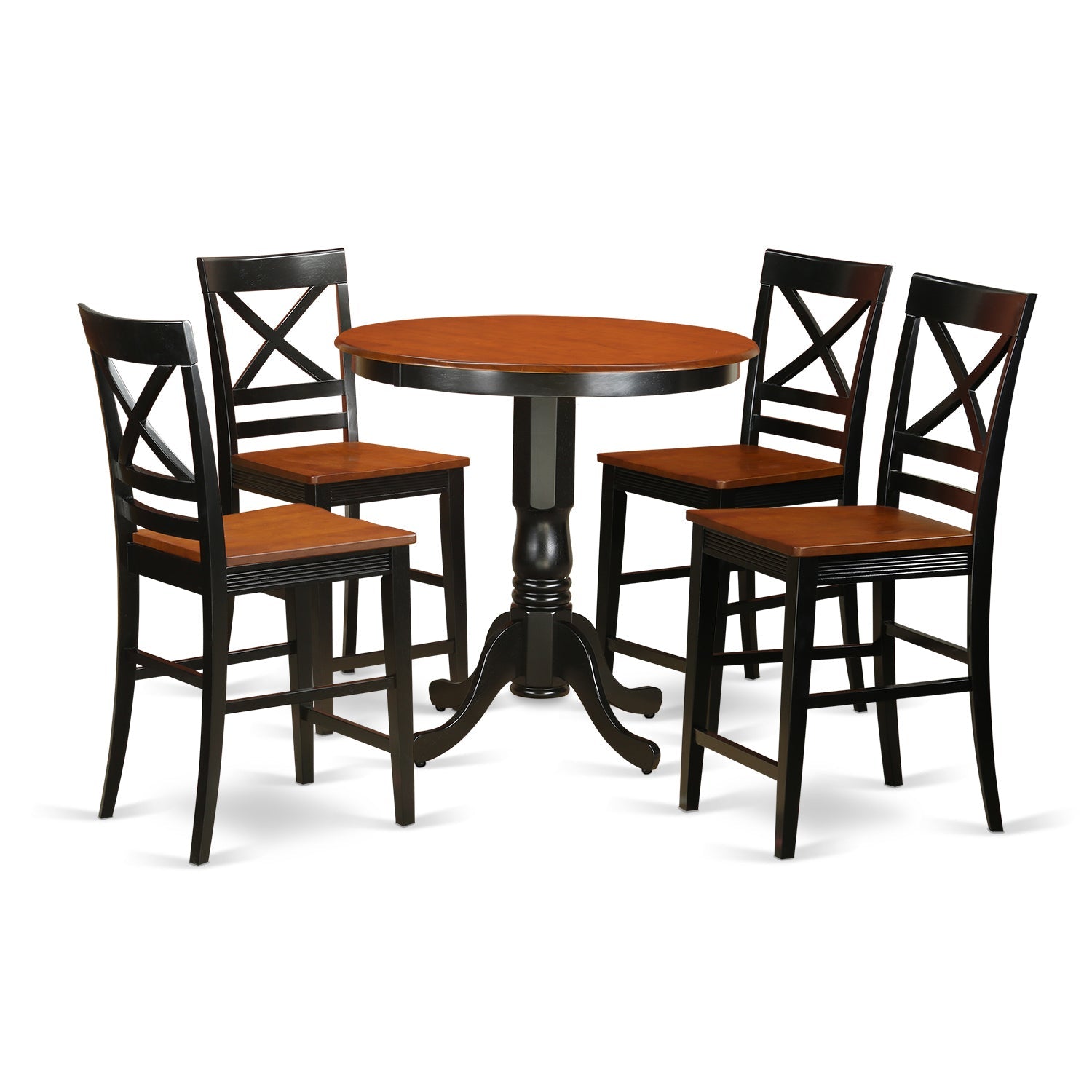 El juego de mesa de comedor de 5 piezas East West Furniture JAQU5-BLK-W incluye una mesa de cocina redonda con pedestal y 4 sillas de comedor.