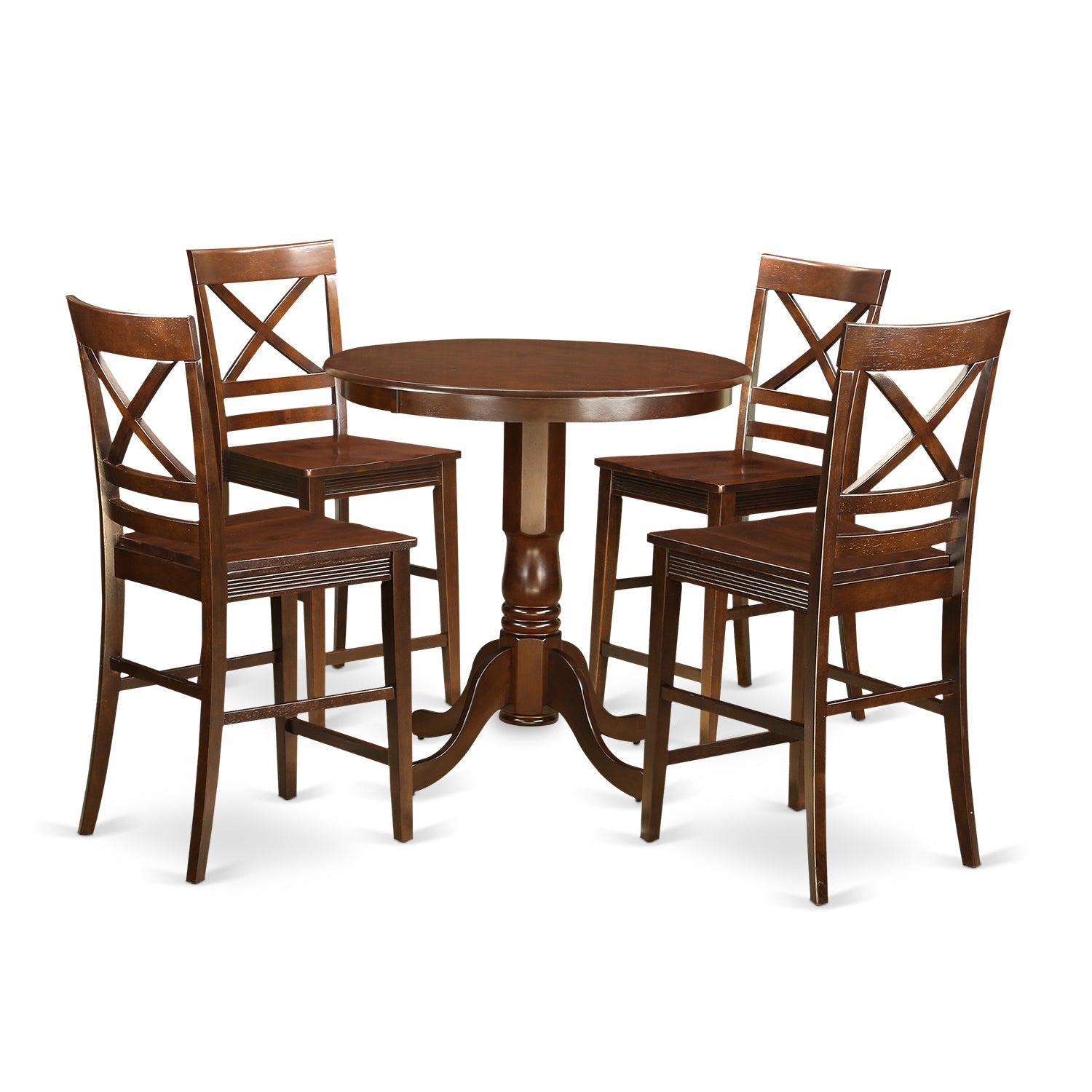 El juego de encimera de cocina de 5 piezas East West Furniture JAQU5-MAH-W incluye una mesa de comedor redonda con pedestal y 4 sillas de comedor.