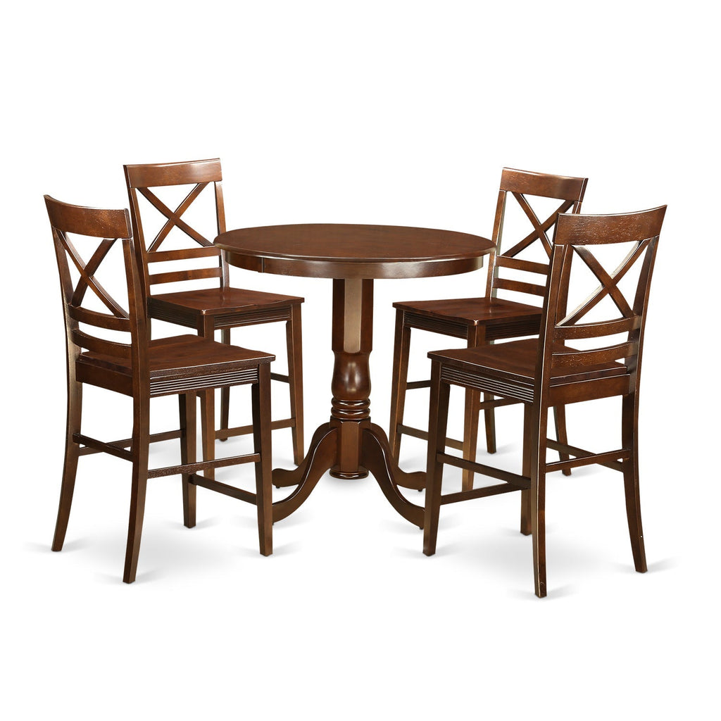 East West Furniture JAQU5-MAH-W 5 Piece Kitchen Counter Set Includes a Round Dining Room Table with Pedestal and 4 Dining Chairs