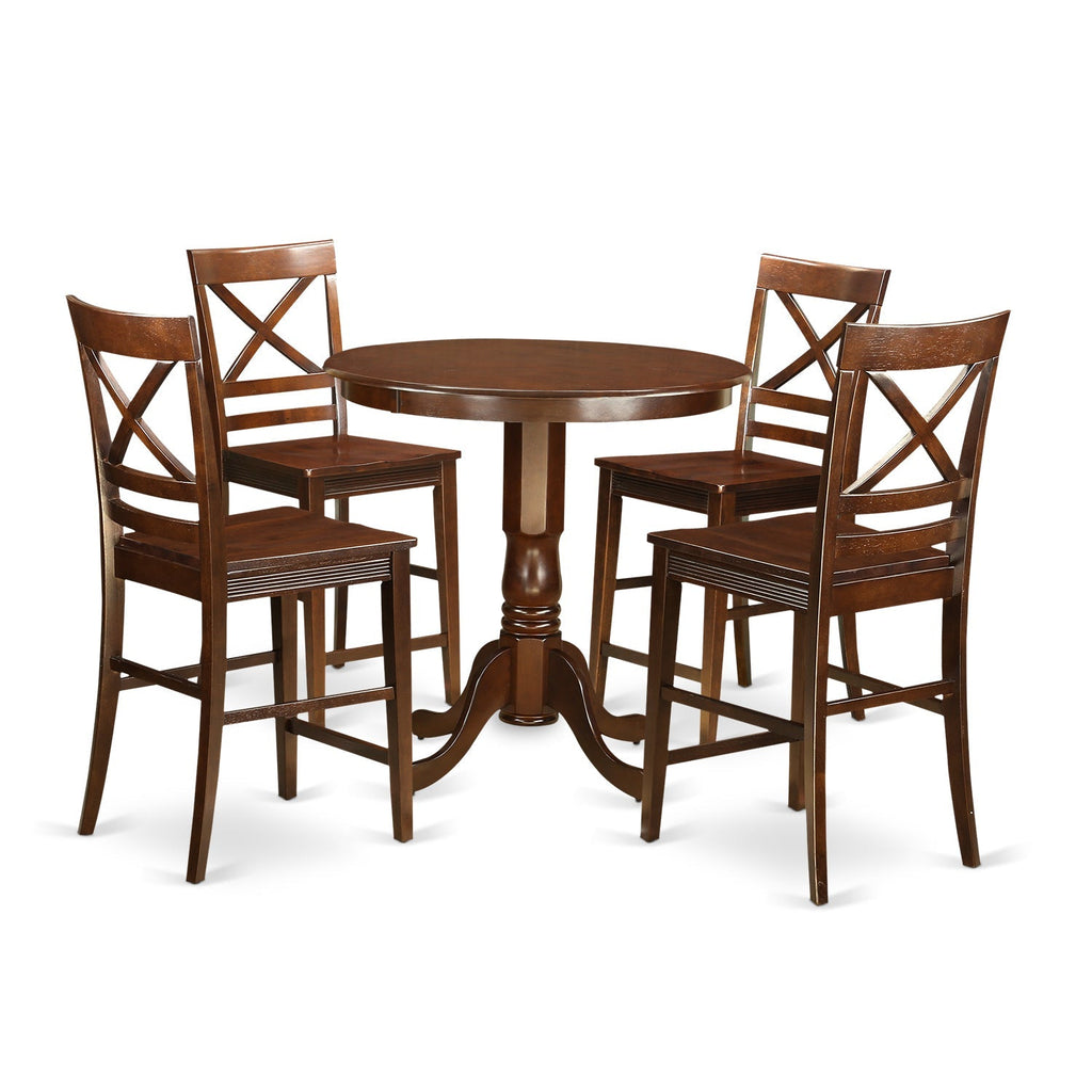 East West Furniture JAQU5-MAH-W 5 Piece Kitchen Counter Set Includes a Round Dining Room Table with Pedestal and 4 Dining Chairs, 36x36 Inch, Mahogany