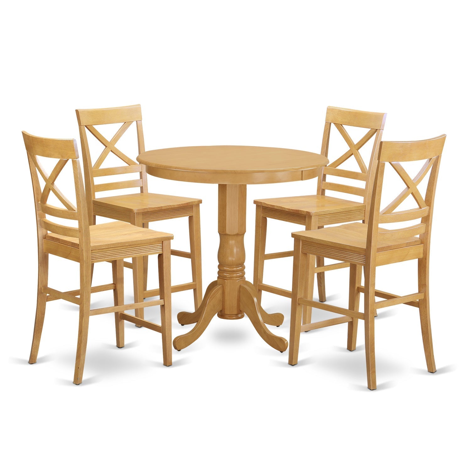 El juego de mesa de comedor de 5 piezas East West Furniture JAQU5-OAK-W incluye una mesa redonda de madera con pedestal y 4 sillas de comedor de cocina.