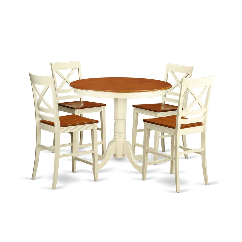 Juego de comedor de 5 piezas East West Furniture JAQU5-WHI-W con altura de mostrador. Incluye una mesa de cocina redonda con pedestal y 4 sillas de comedor.