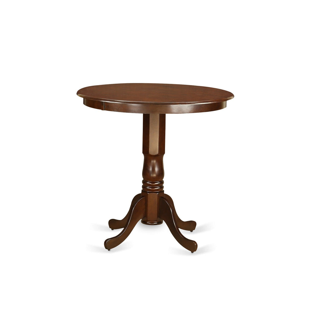 East West Furniture JAVN5-MAH-C 5 Piece Kitchen Counter Set Includes a Round Dining Table with Pedestal and 4 Linen Fabric Dining Room Chairs, 36x36 Inch, Mahogany