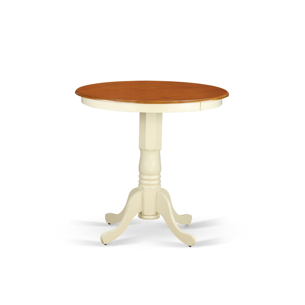 East West Furniture JAVN3-WHI-W 3 Piece Counter Height Dining Set for Small Spaces Contains a Round Dining Room Table with Pedestal and 2 Wooden Seat Chairs