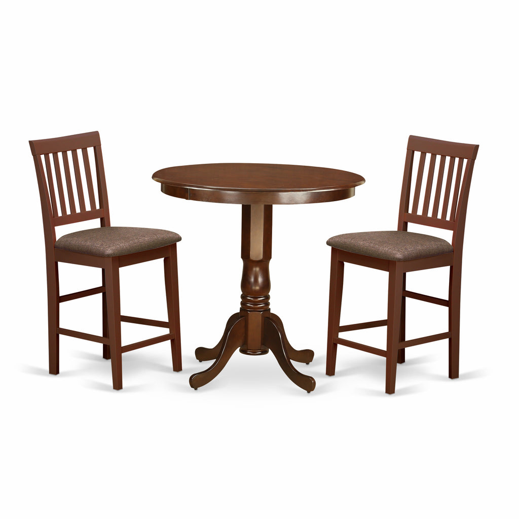 East West Furniture JAVN3-MAH-C 3 Piece Kitchen Counter Set for Small Spaces Contains a Round Dining Table with Pedestal and 2 Linen Fabric Dining Room Chairs