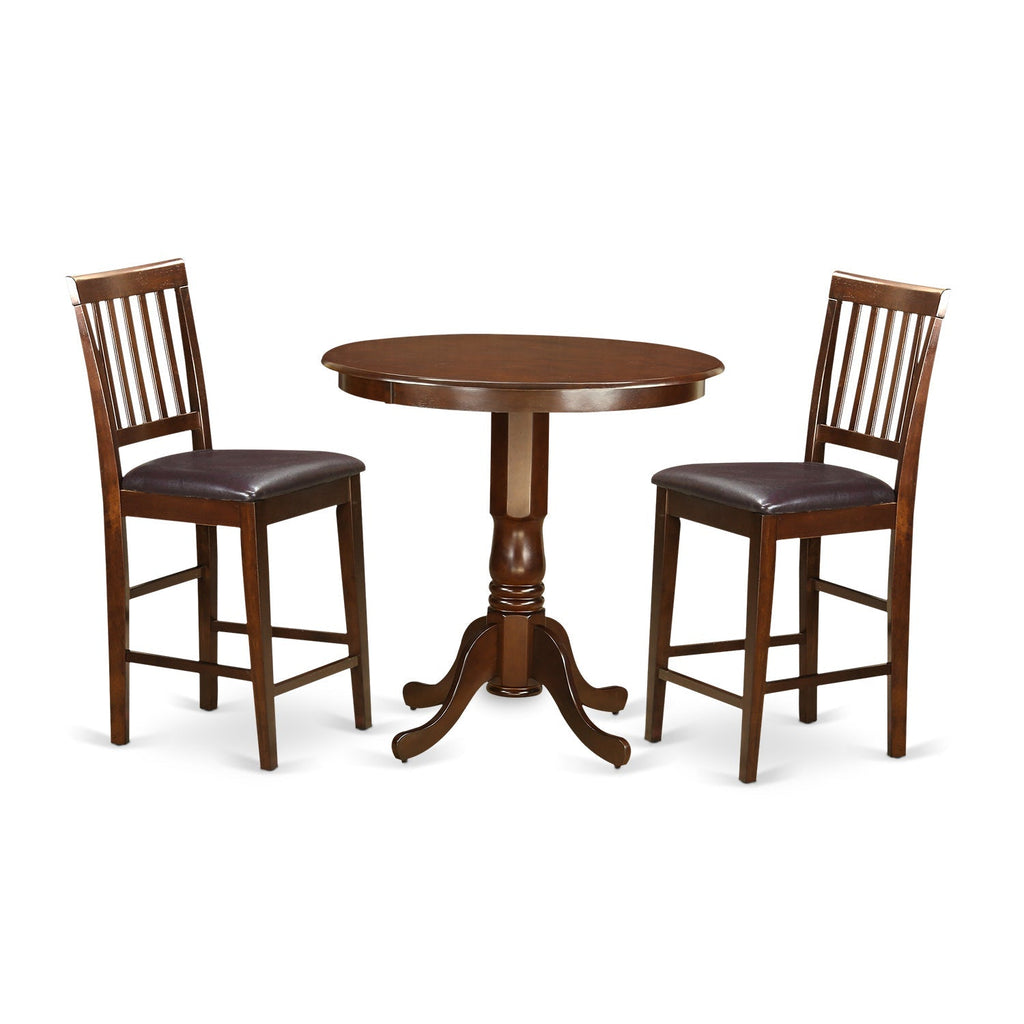 East West Furniture JAVN3-MAH-LC 3 Piece Counter Set for Small Spaces Contains a Round Dining Room Table with Pedestal and 2 Faux Leather Upholstered Chairs